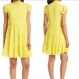 Eliza J Yellow Flutter Sleeve Mock Neck Tiered Dress